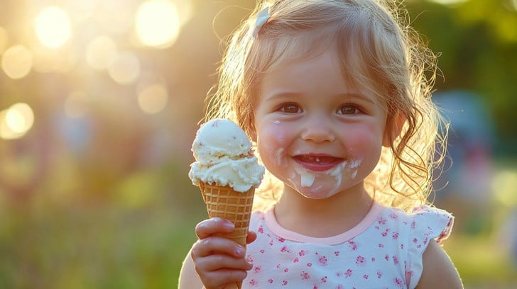 Child enjoying ice cream with healthy teeth